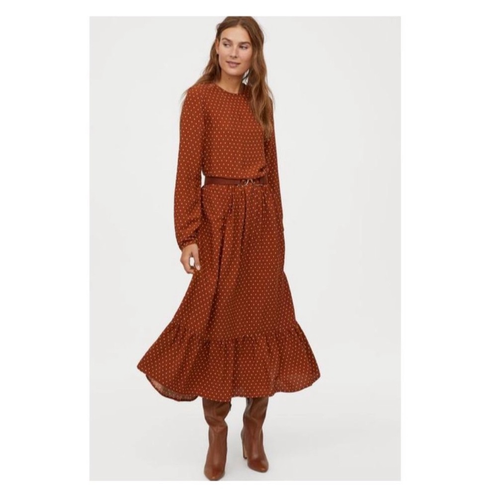 H&M Maxi Dress Brown Polka Dot Ruffle Hem Long Sleeve Women Size 8 Prairie